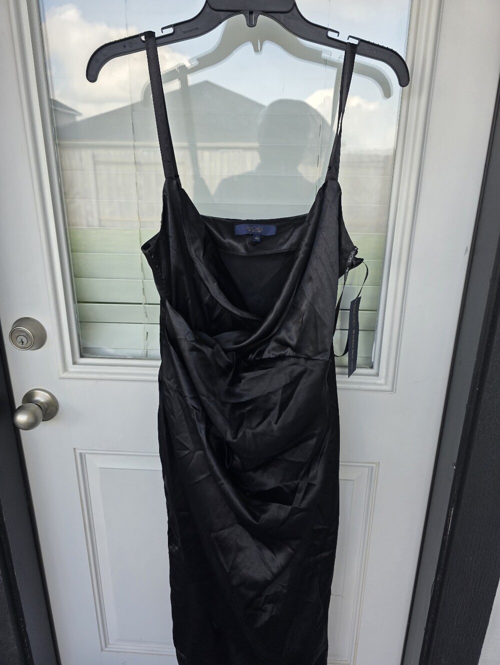 Rachel Roy Black Satin Dress Size L Midi Slip Cowl Neck Spaghetti Strap Evening - Picture 8 of 9